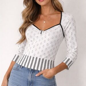 Frank Lyman Design White Top with Black Trim and Dot Motif